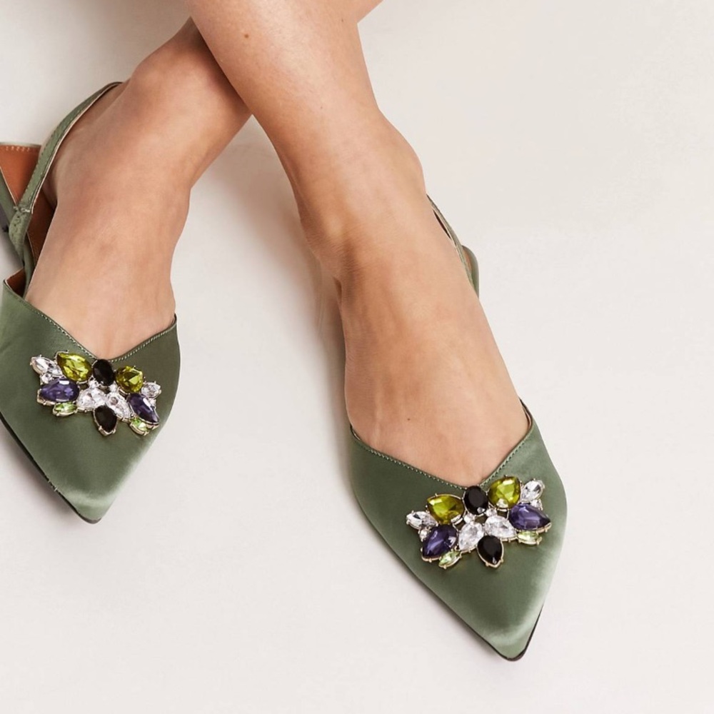 Green embellishment sling back flats never worn